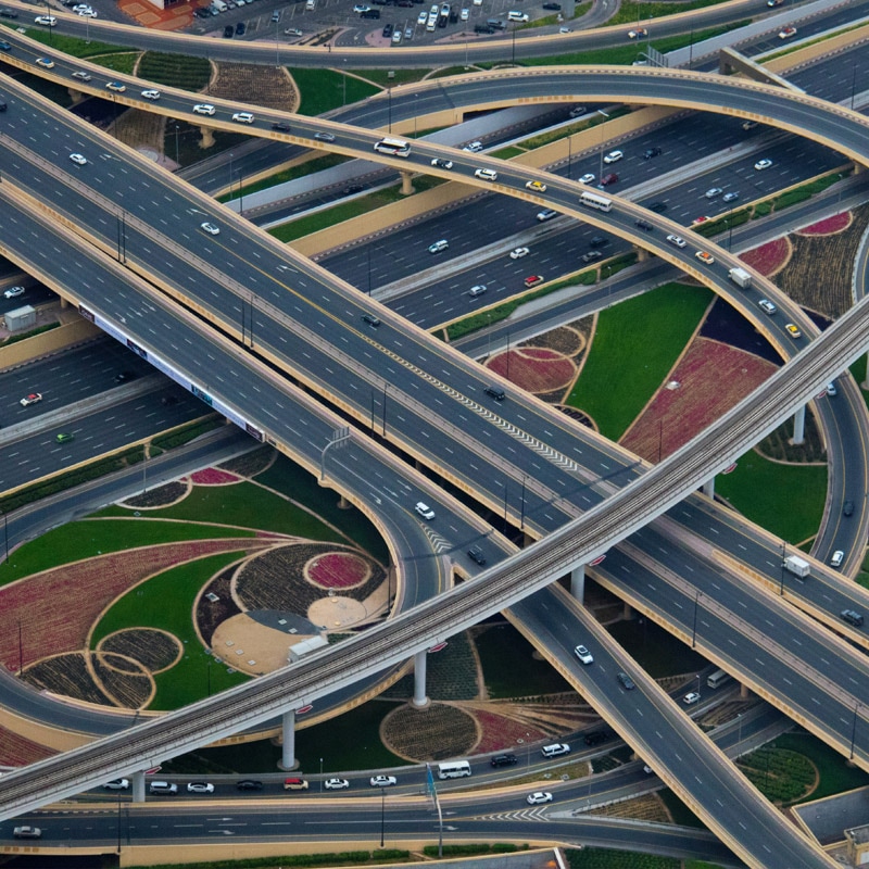 Aerial view of highway interchange for traffic analytics