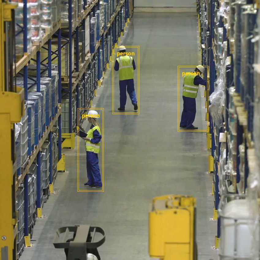 AI detecting workers and PPE compliance in warehouse
